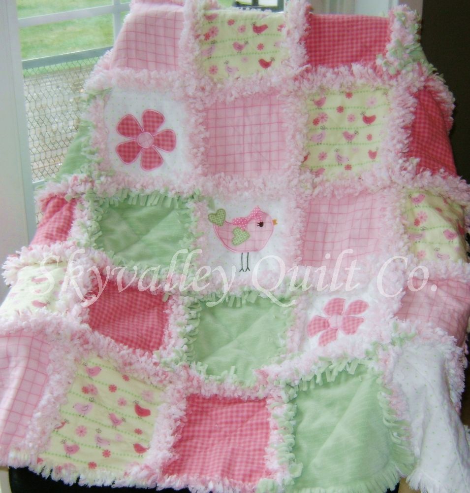 Baby Girl Rag Quilt Green, yellow and pink Baby birds