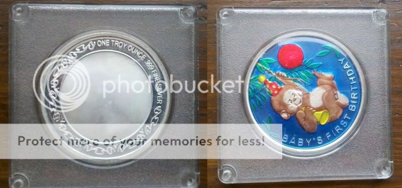 Babys First Birthday SILVER ROUND 1 TROY OUNCE colorized baby monkey 